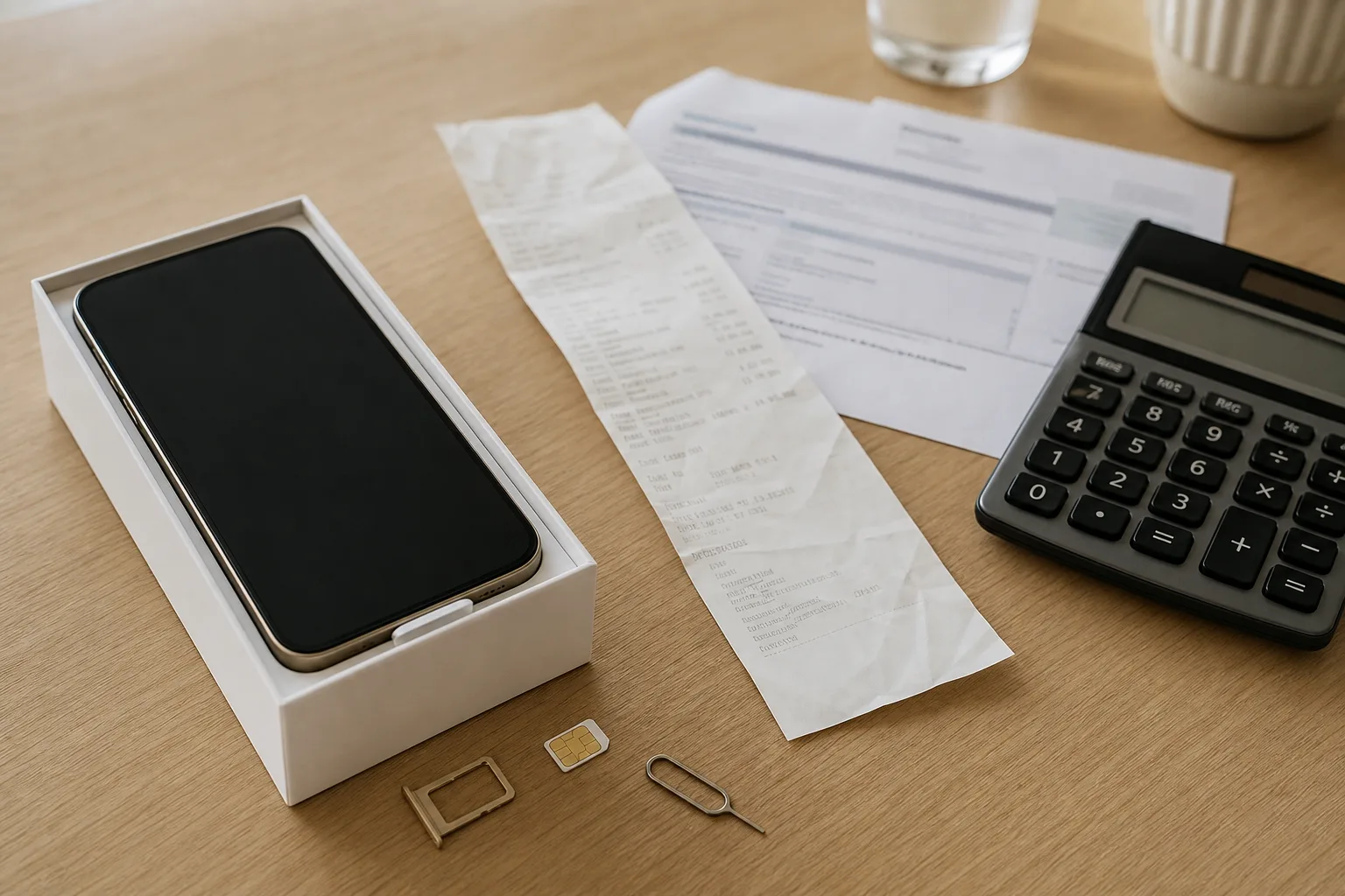 Mobil i förpackning bredvid en kalkylator
