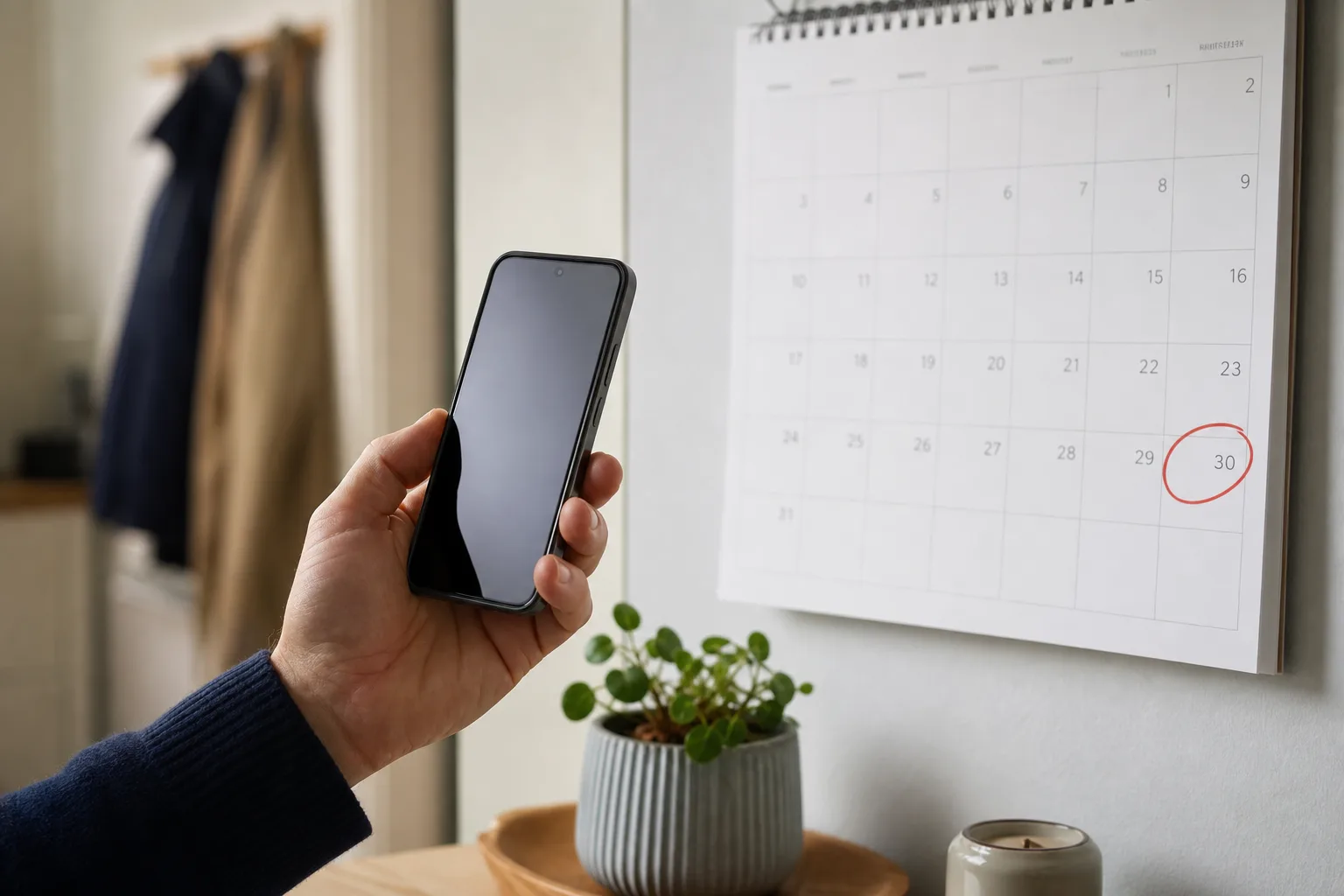 Mobil framför en väggkalender med ett inringat datum