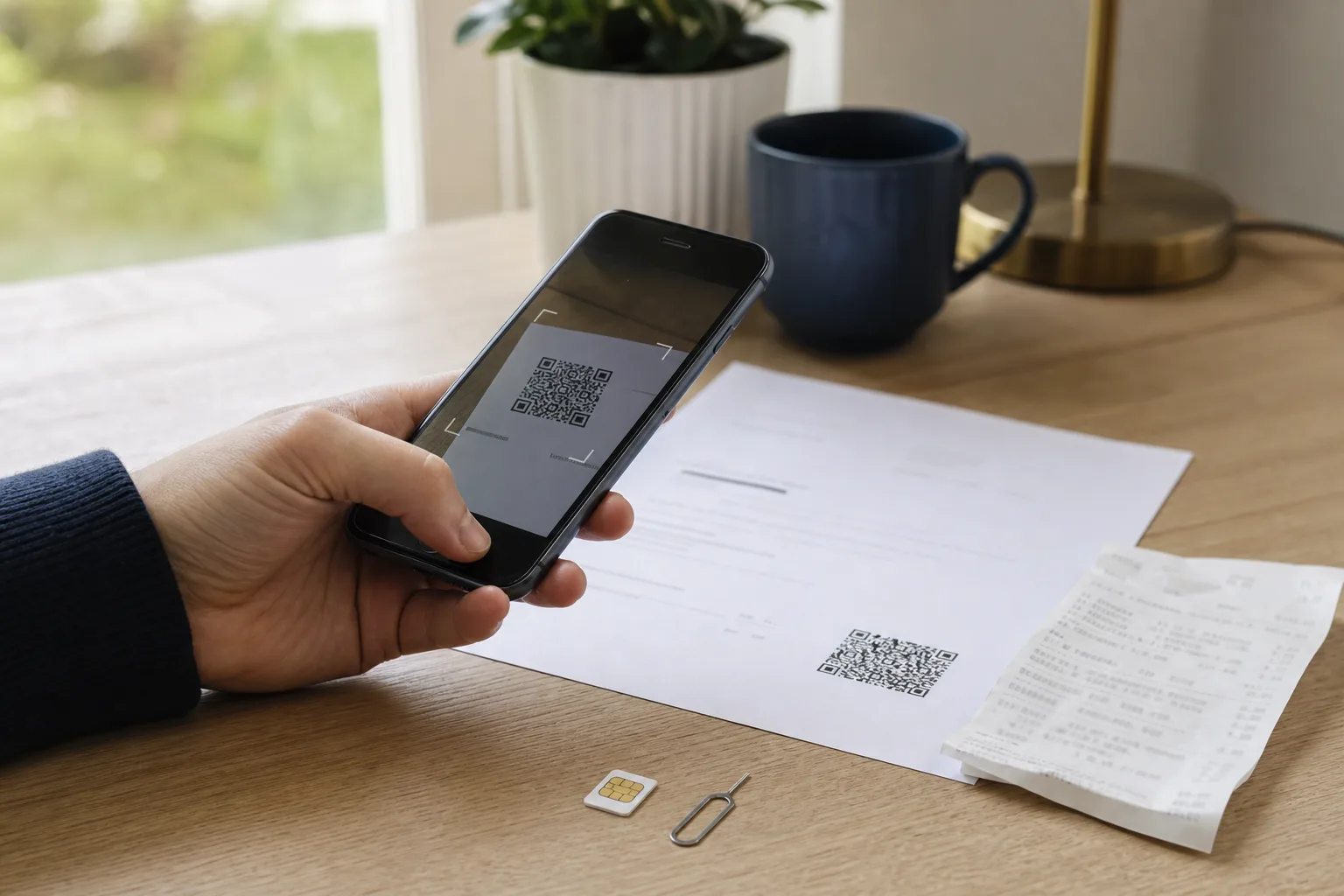 Mobil riktad mot en QR-kod på ett papper