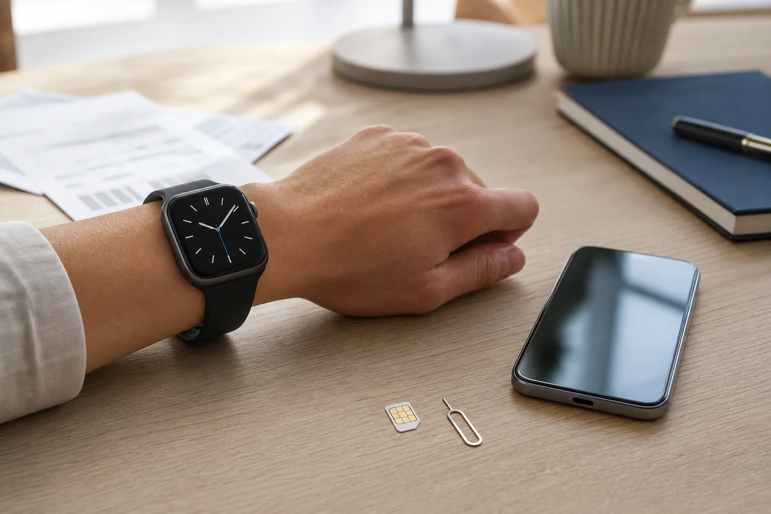 Smartwatch på handleden bredvid en mobil