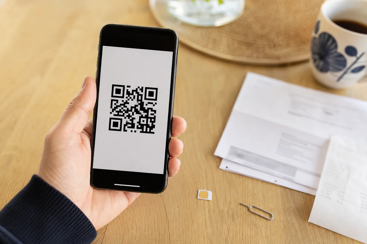 Mobilskärm med QR-kod bredvid ett fysiskt SIM-kort