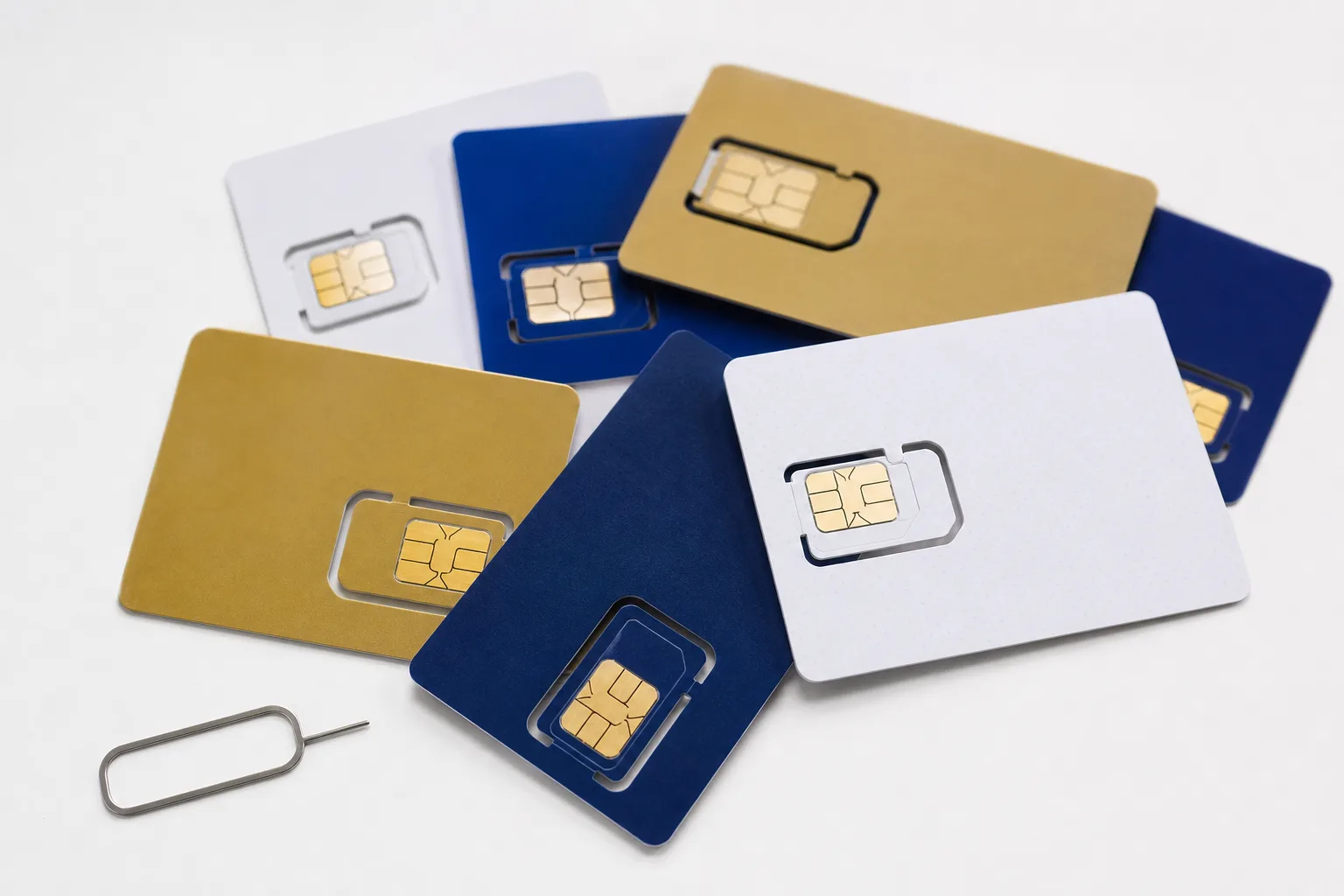 Flera kontantkort utspridda med ett SIM-verktyg