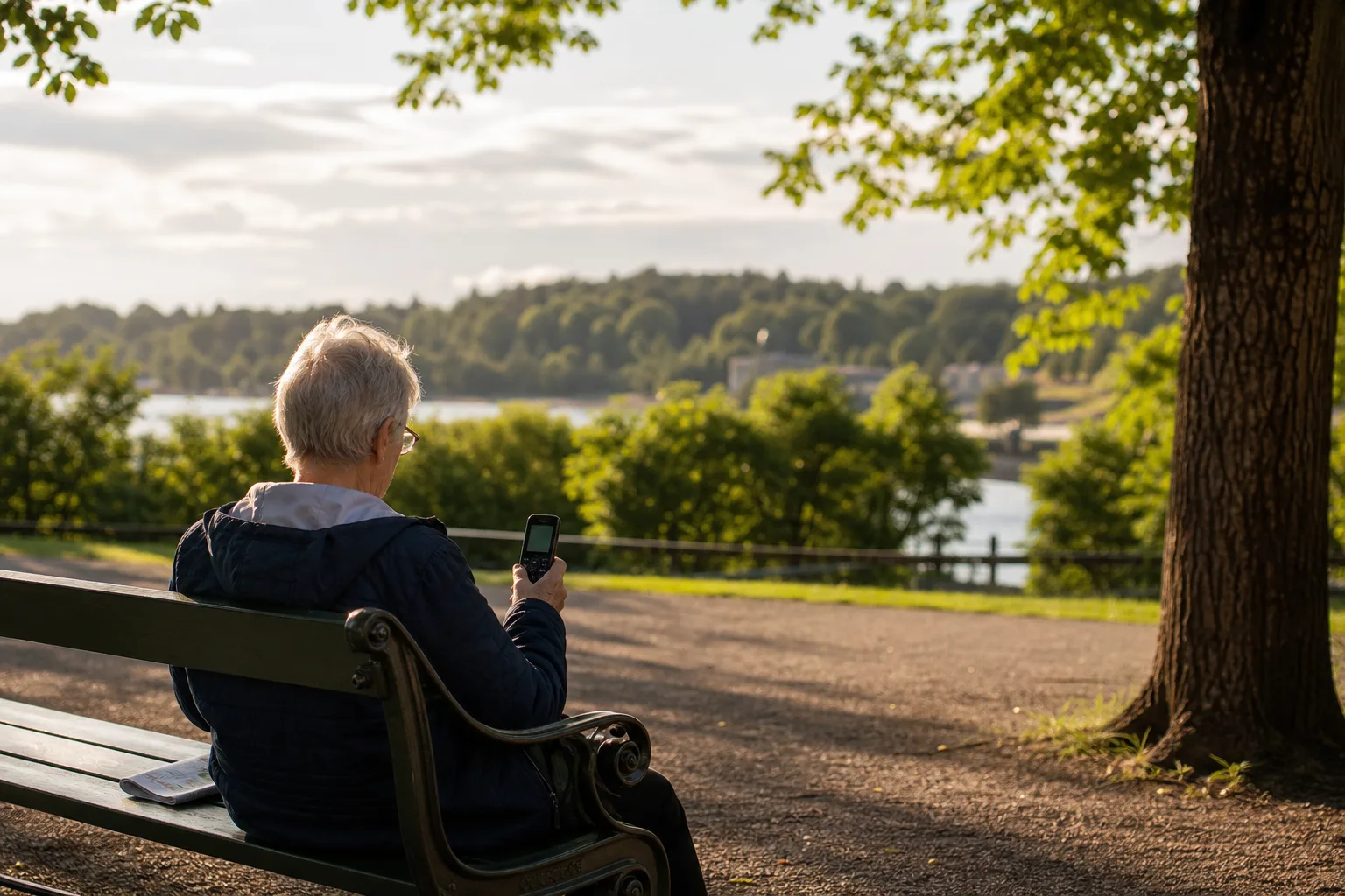 Pensionär med mobil på en parkbänk