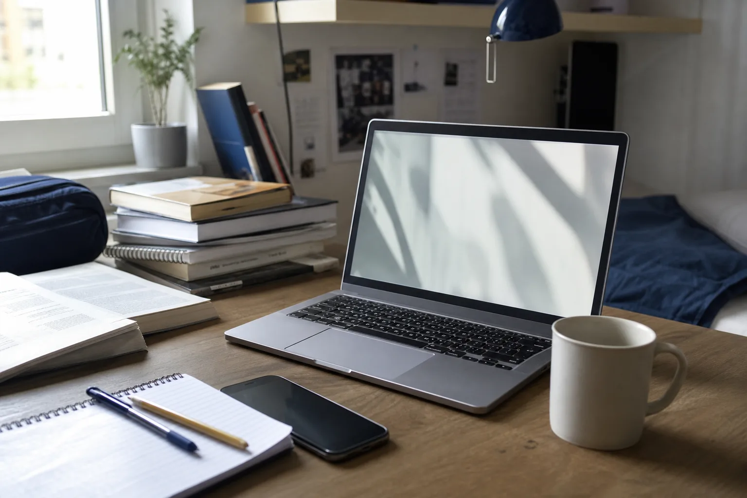 Mobil bredvid laptop och kaffemugg på ett studentskrivbord