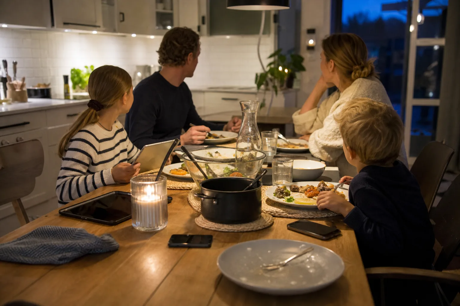 Två mobiler och en surfplatta bland tallrikar på köksbordet