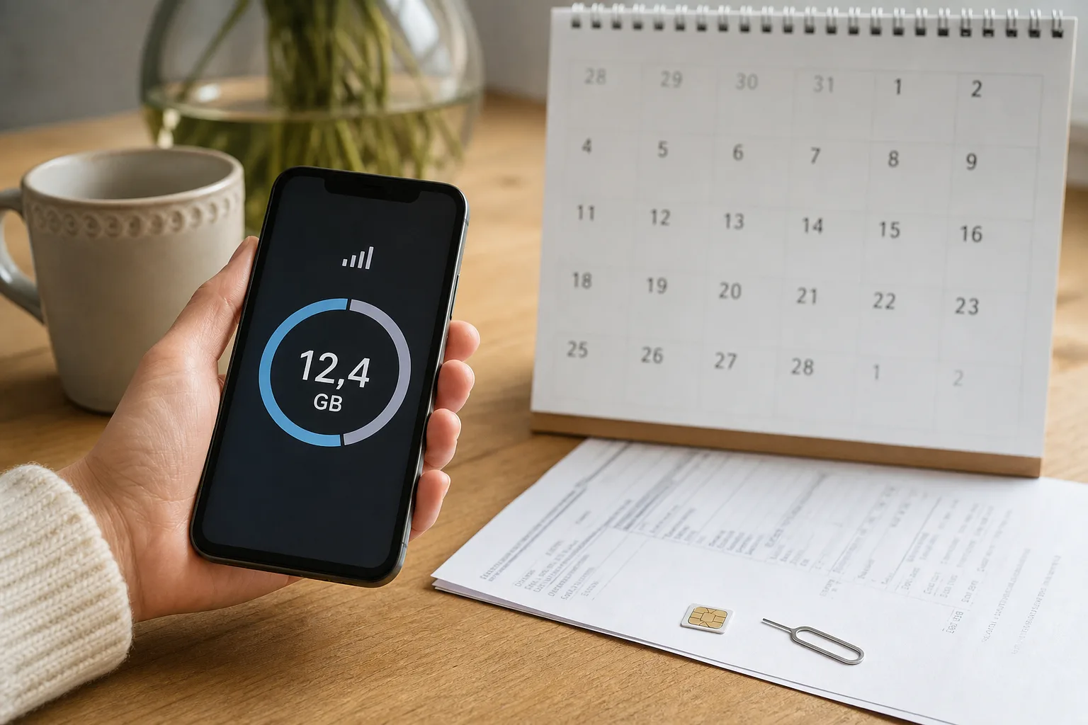 Mobilskärm med sparad data i närbild, kalender i bakgrund