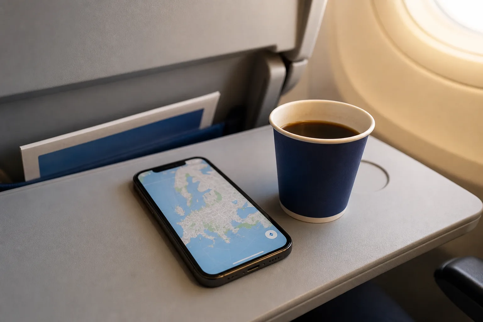 Mobil med kartbild på ett flygplansbord