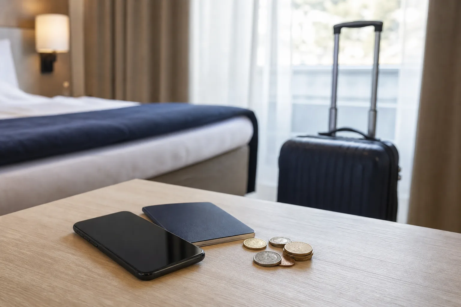 Mobil bredvid pass och utländska mynt på ett hotellrum